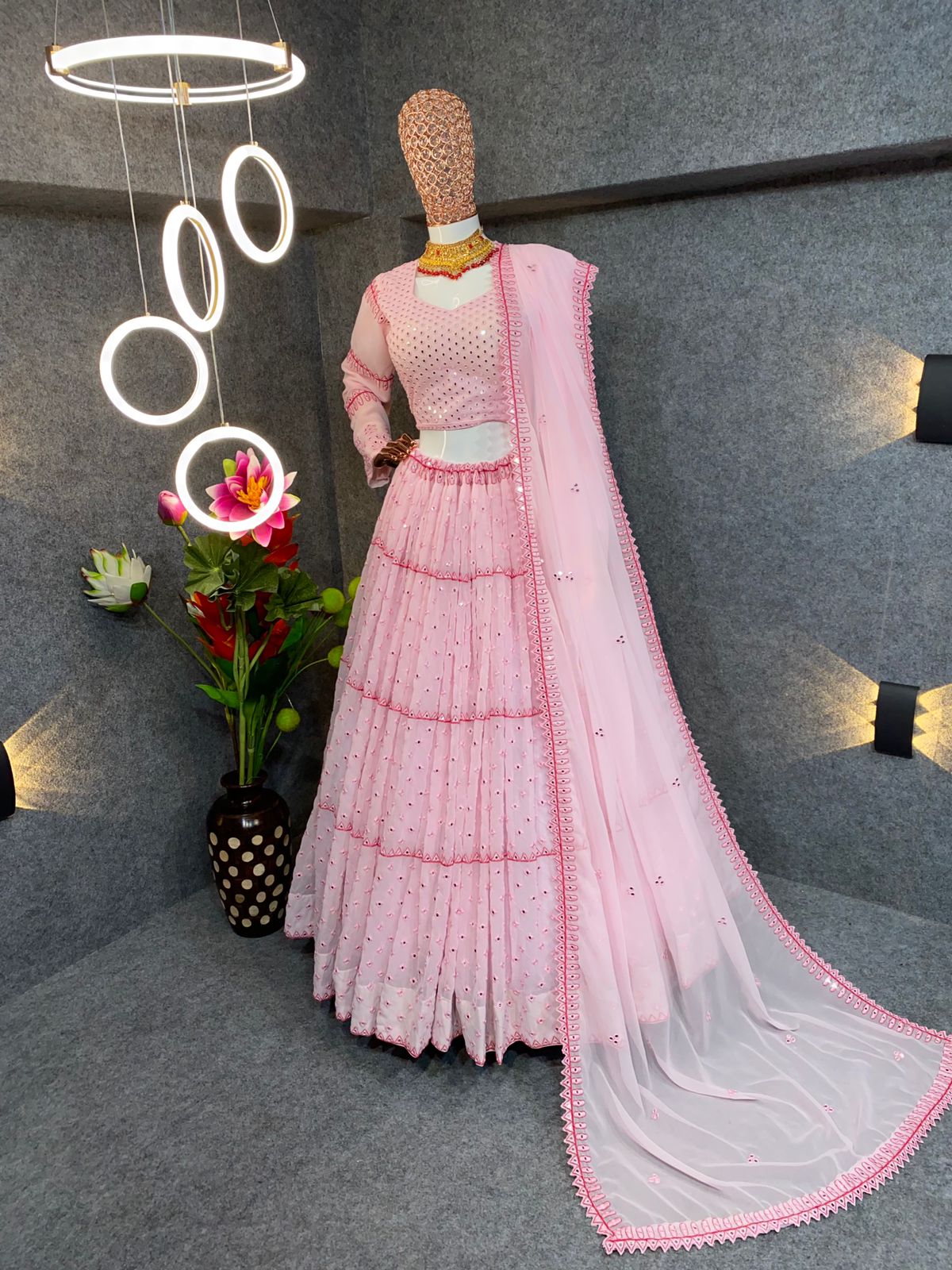 Fabulous Pink Color Embroidery Party Wear Georgette Lehenga choli With Mirror Work Border