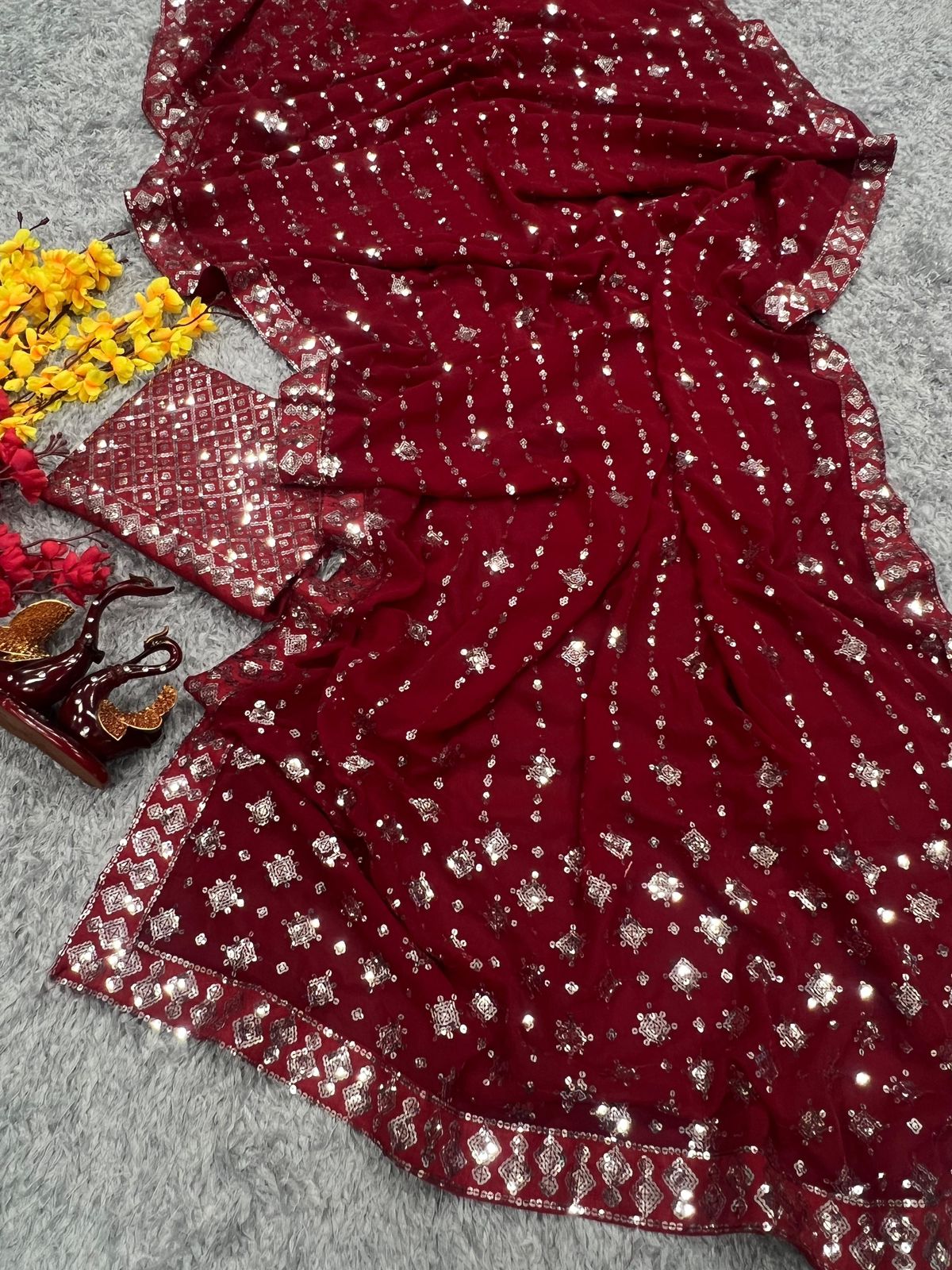 Beautiful Maroon color Soft Georgette Sequins Embroidery Work Sarees For Women In USA