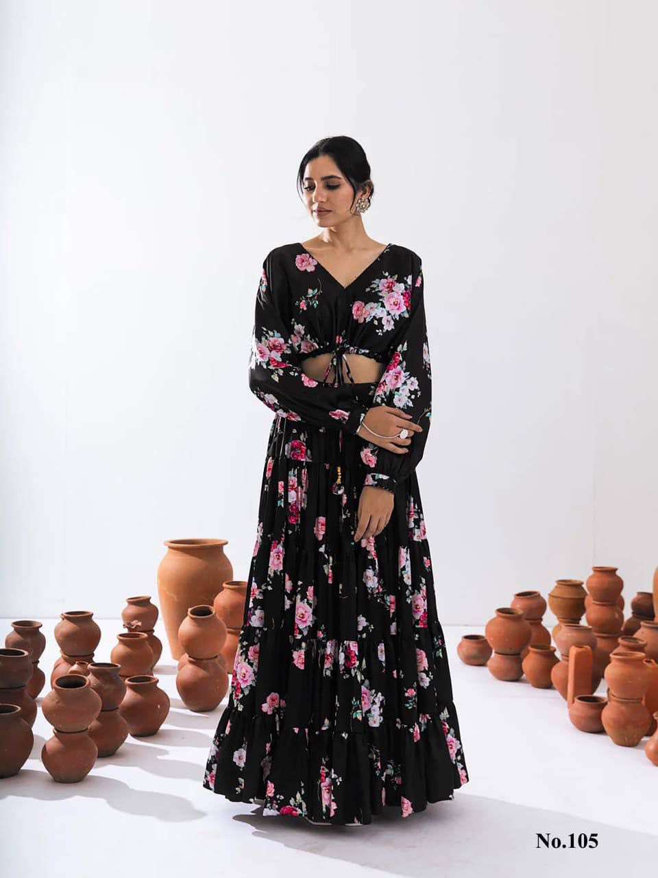 Appealing Black Color Floral Printed Tier Lehenga With Crop Top