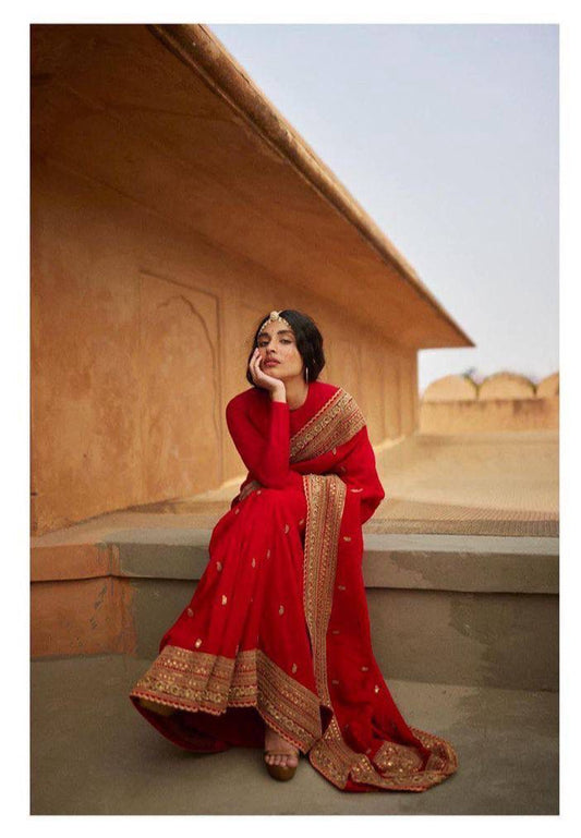 Attractive Red Color Designer Party Wear Georgette Embroidery Work Sequins Saree For Women