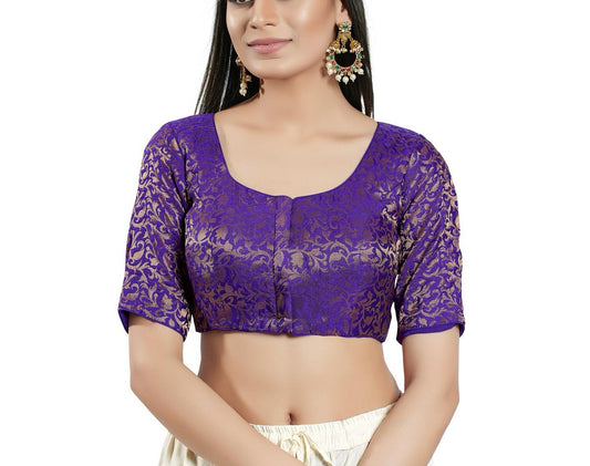 Appealing Purple Colored Elbow Sleeve Front Open And Round Neck Pattern Readymade Blouse