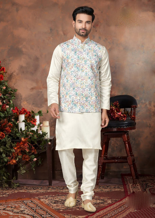 Alluring Multicolor Designer Silk Mastani Kurta Pajama Set With Digital Print Jackets For Men