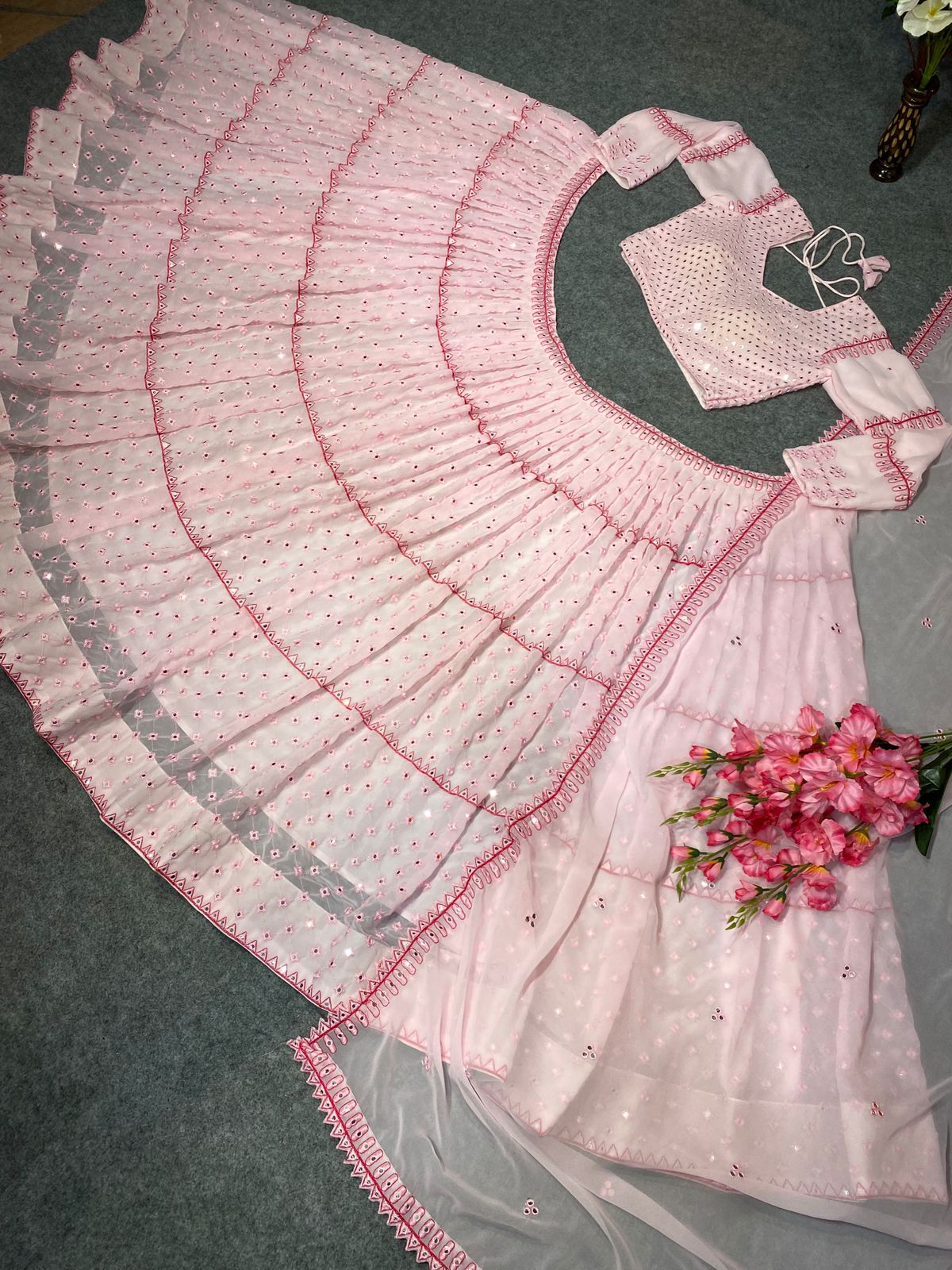 Fabulous Pink Georgette Lehenga With Mirror Work Border Near Me