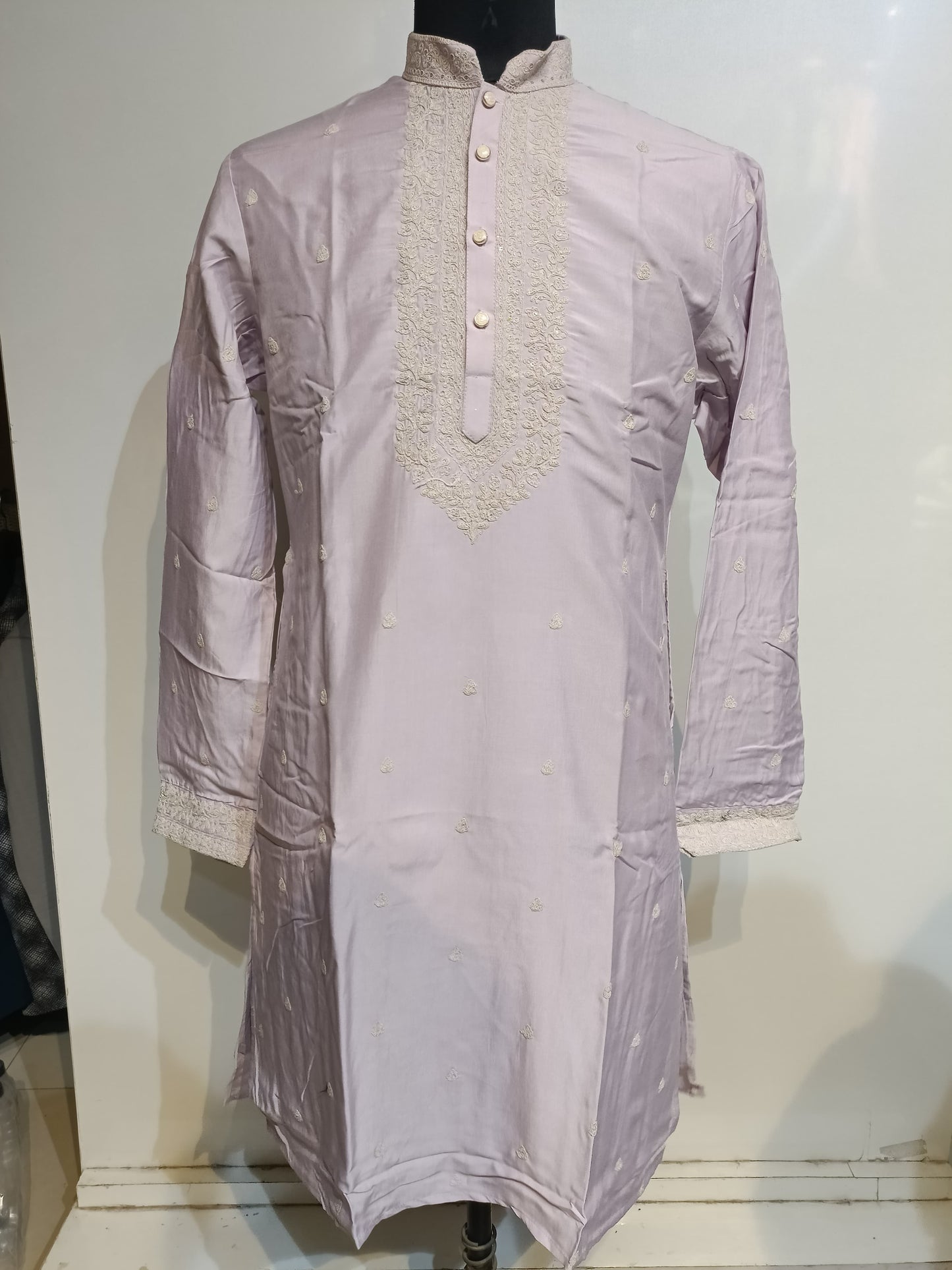 Attractive Lavender Color Silk Full Sleeve Embroidery Kurta Pajama Set For Men