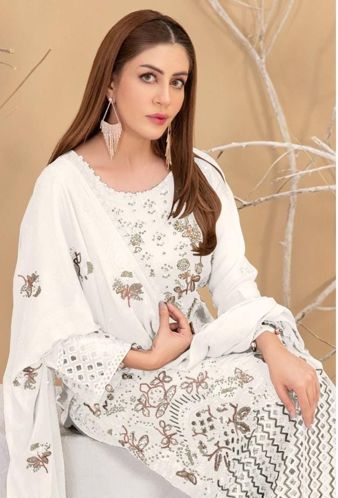 White Color Faux Georgette With Embroidery Work Salwar Suits Near Me