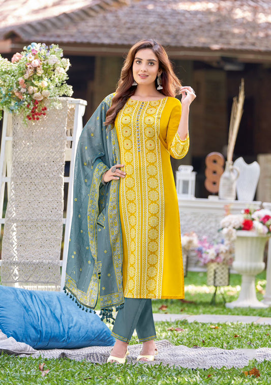 Beautiful Rayon Printed Hand work And Embroidery Work Yellow Colored Kurti With Dupatta Sets