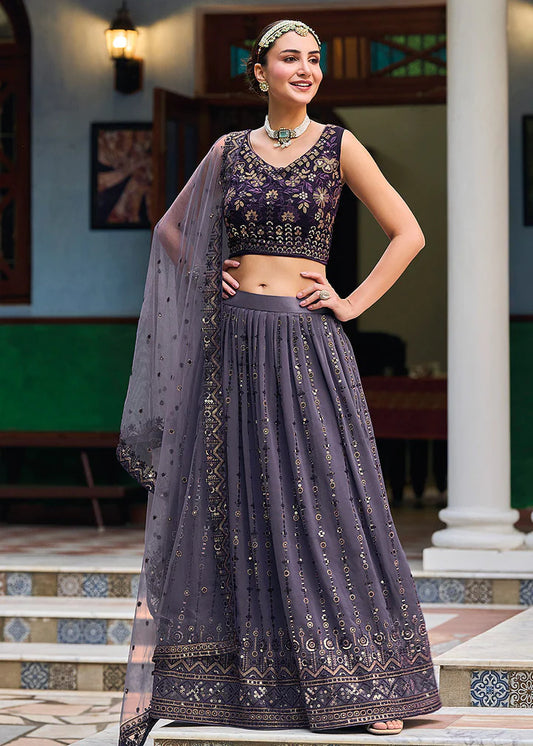 Attractive Purple Colored Georgette Lehenga Choli With Embroidery Work