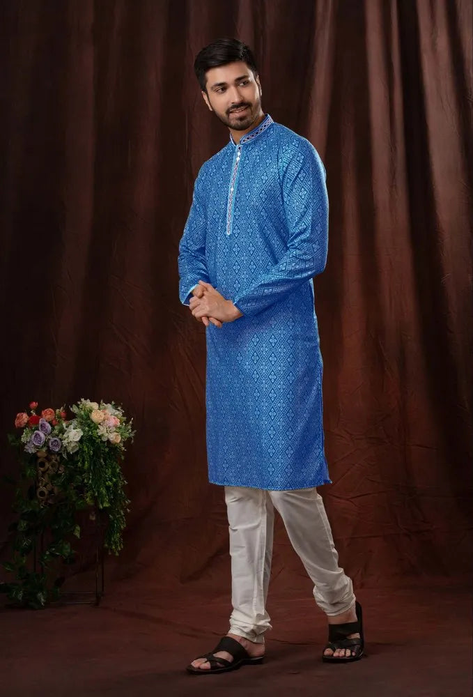 Gorgeous Blue Poly Cotton Kurta Pajama For Men