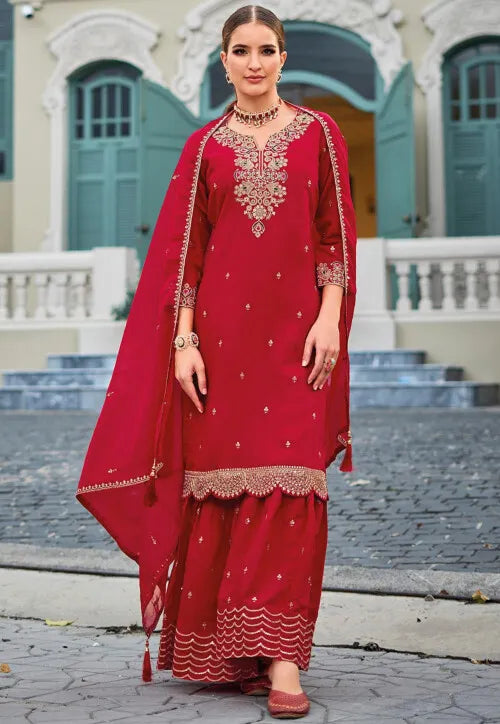 Magnificent Red Color Roman Silk Designer Sharara Suits With Fancy Dupatta