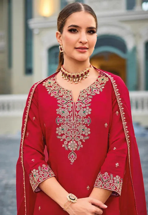  Red Color Roman Silk Designer Sharara Suits Near Me