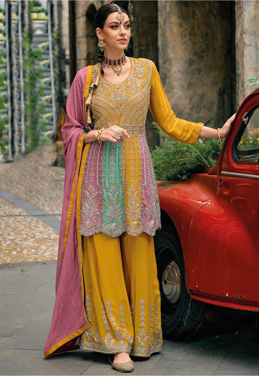 Attractive Multicolor Embroidered Chinon Chiffon Designer Pakistani Salwar Suit For Women