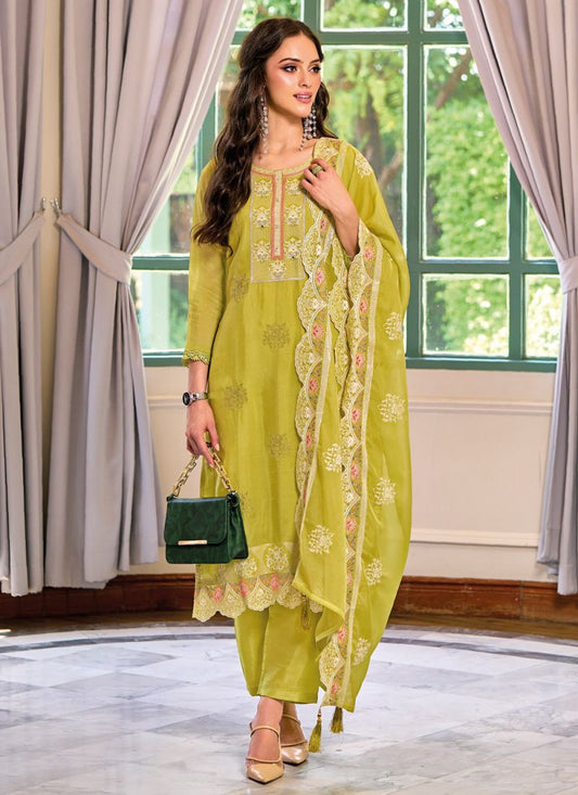 Attractive Light Green Color Embroidered Organza Engagement Salwar Suits