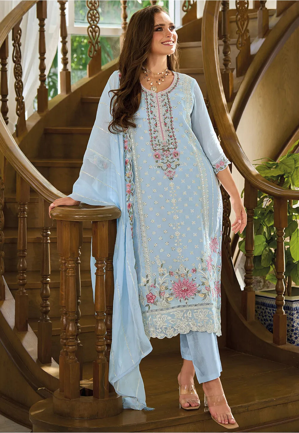 Sky Blue Color Soft Organza Salwar Suits Near Me