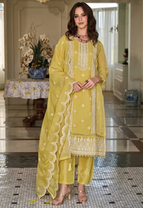 Attractive Yellow Color Soft Organza Salwar Suits For Women