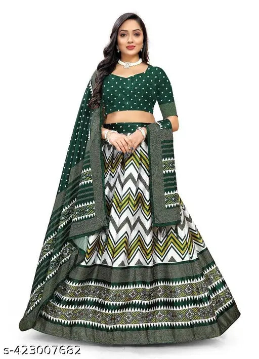 Alluring Green Color Printed Zig Zag Pattern Chaniya Choli For Women