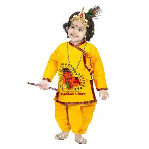 Dazzling Yellow Colored Krishna Costume Wear For Kids