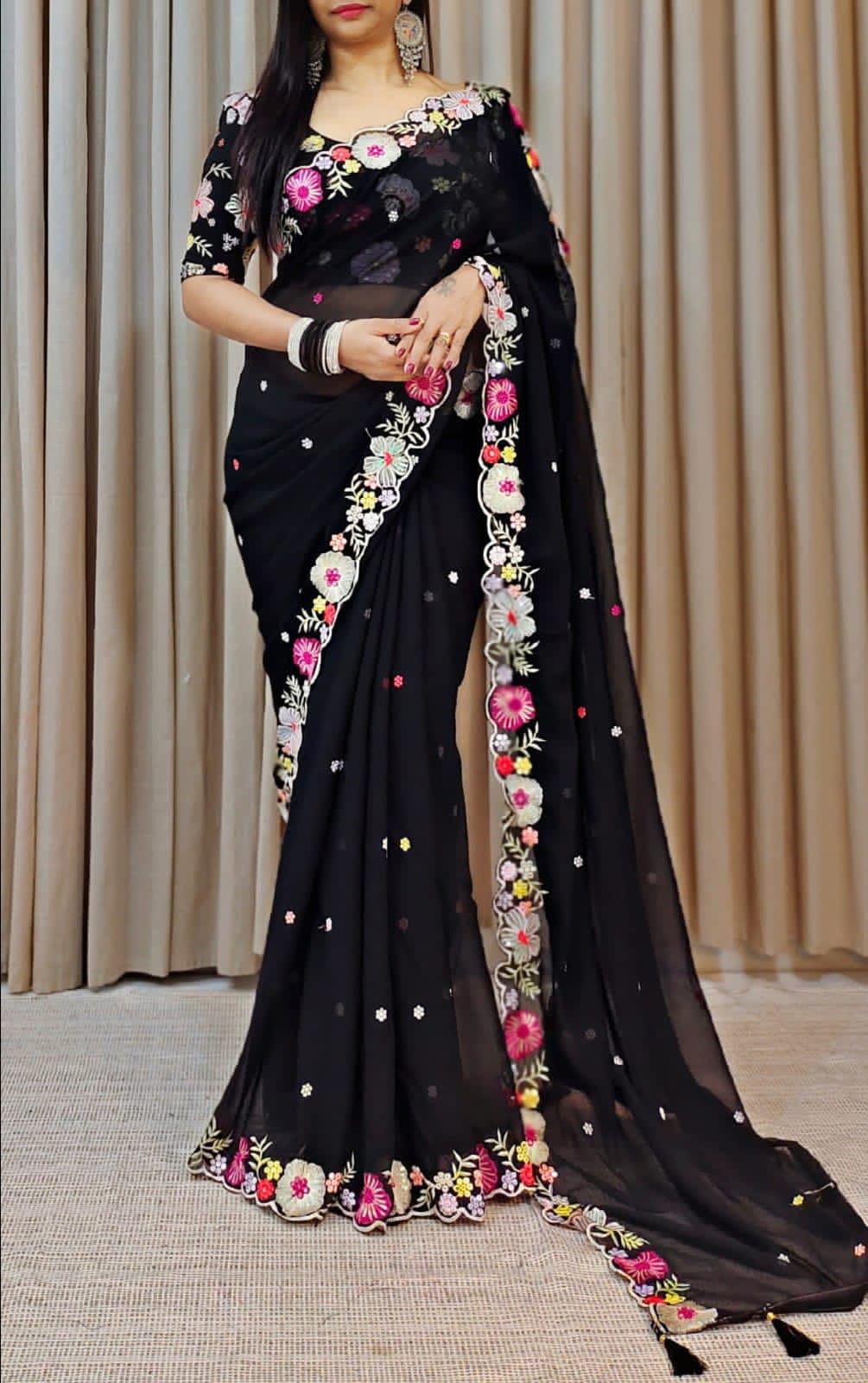 Elegant Black Colored Faux Georgette Party Wear Saree With Multicolor Sequins Work