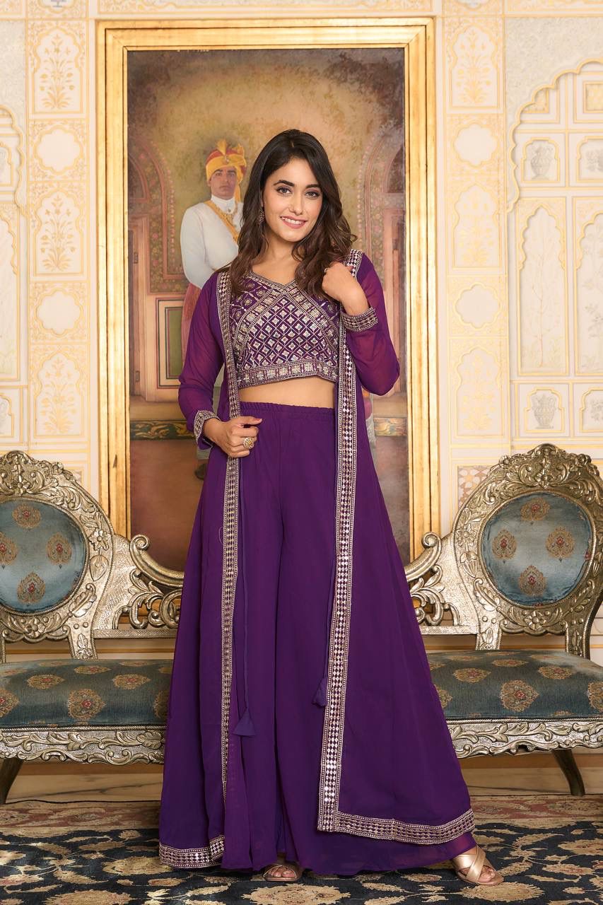 Violet Color Heavy Georgette Embroidery Lace Kurti With Palazzo Suits For Women Near Me