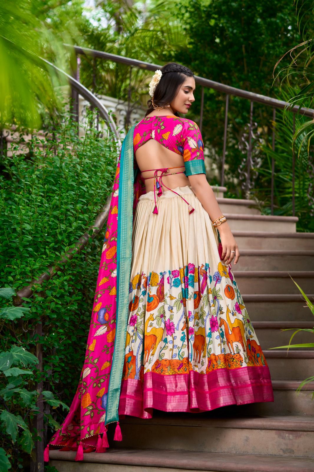 Beautiful Pink Colored Kalamkari Print With Zari Weaving Border Lehenga Choli With Dupatta