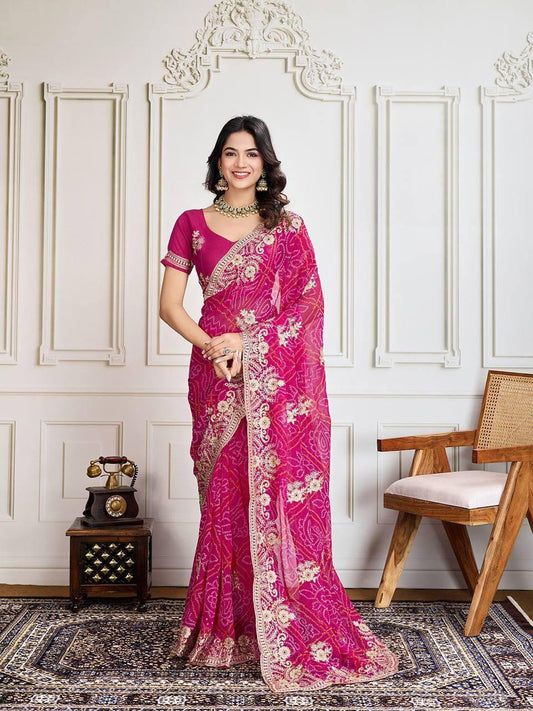 Trendy Rani Pink Embroidery And Bandhej Print Saree For Women