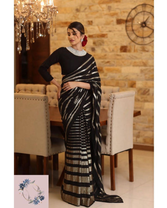 Gorgeous Black Colored Soft Georgette Sequins Embroidery Work With Polo Piping Border Saree