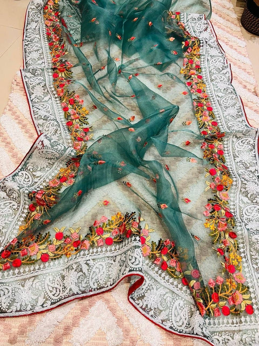 Dazzling Teal Green Colored Designer Thread Chikankari Work And Multiple Viscose Border Saree