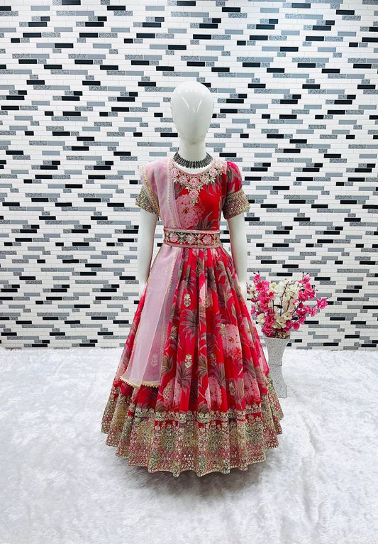 Beautiful Red Colored Heavy Fox Georgette Embroidered Sequins Work Gown For Girls