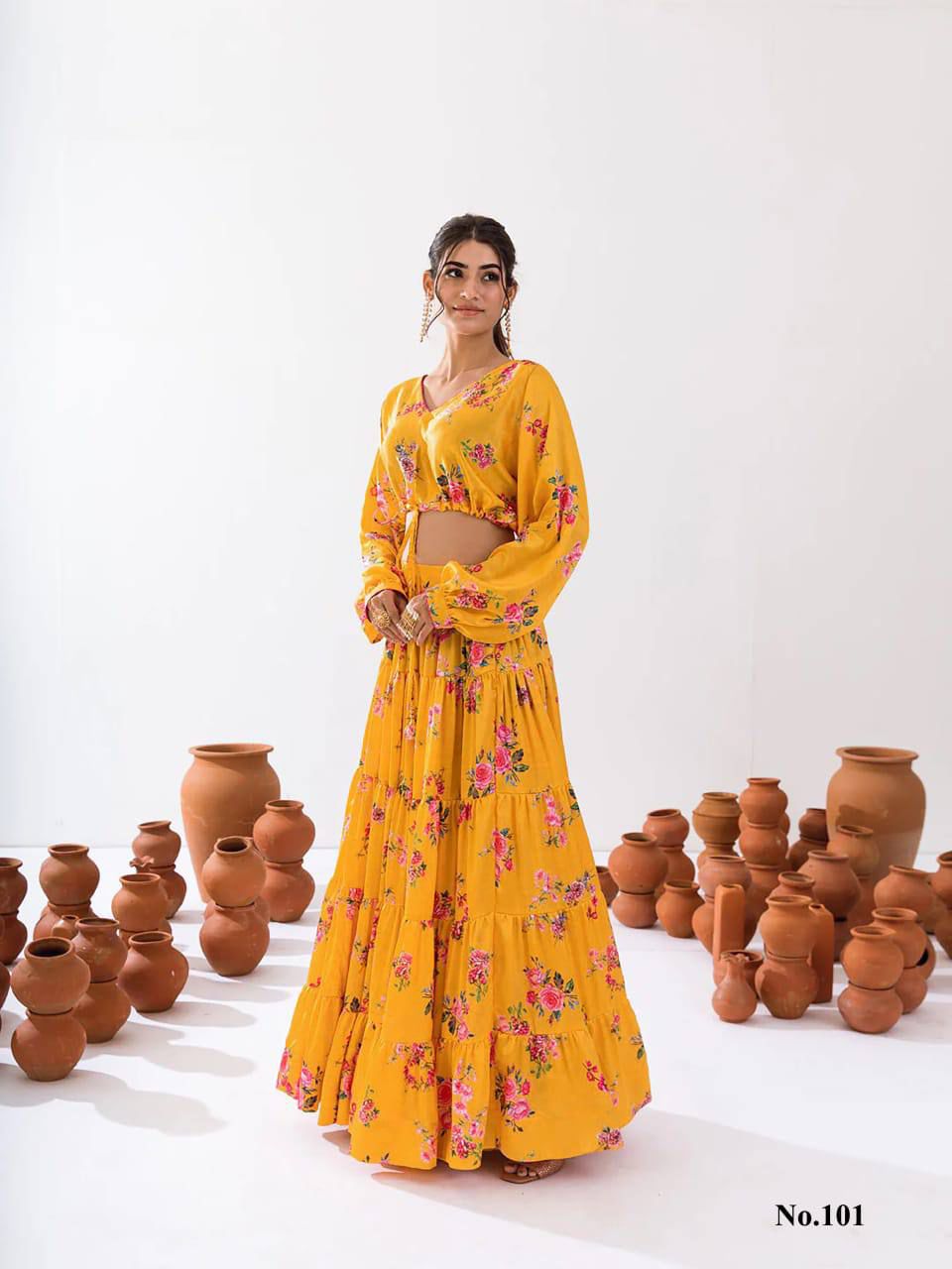 Beautiful Yellow Color Floral Printed Tier Lehenga With Crop Top