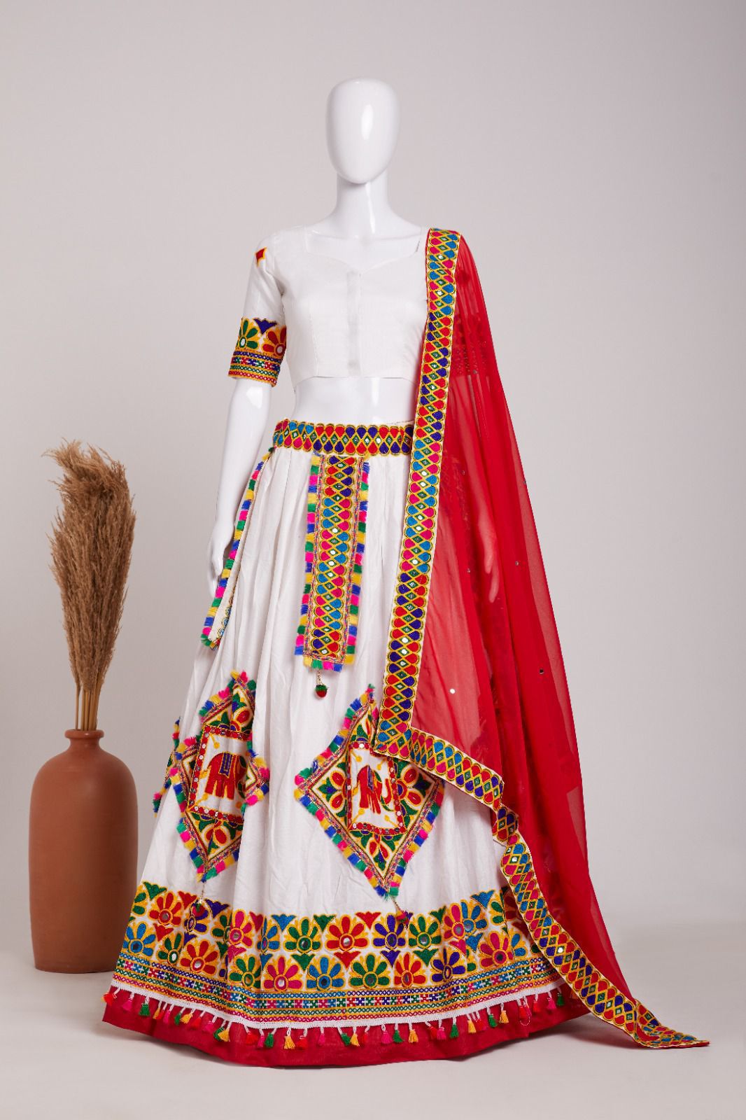 Charming White Colored Embroidery Work With Mirror Work Duppta For Women