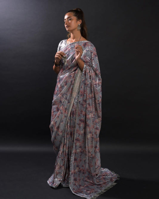 Attractive Grey Colored Embroidery With Sequins Work Beautiful Latkan In Pallu Saree