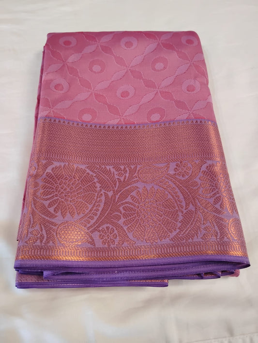 Beautiful Peach Color Pure Kanchi Silk With Purple Color Border Gold Zari Work Saree For Women