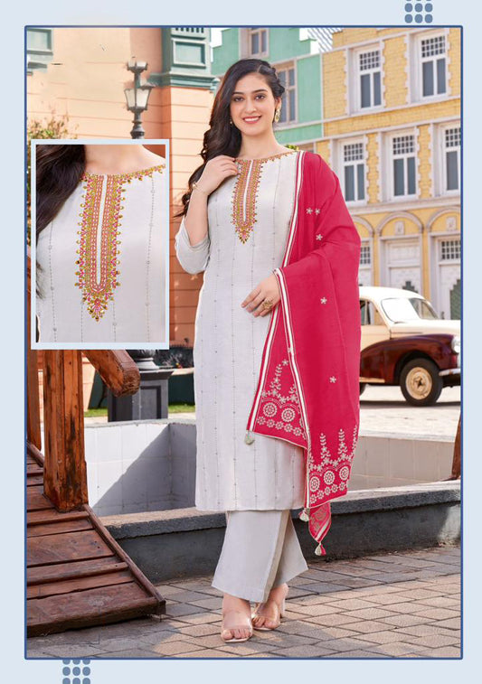 Pleasing White Color Designer Rayon Salwar Suits With Bottom And Fancy Printed Dupatta