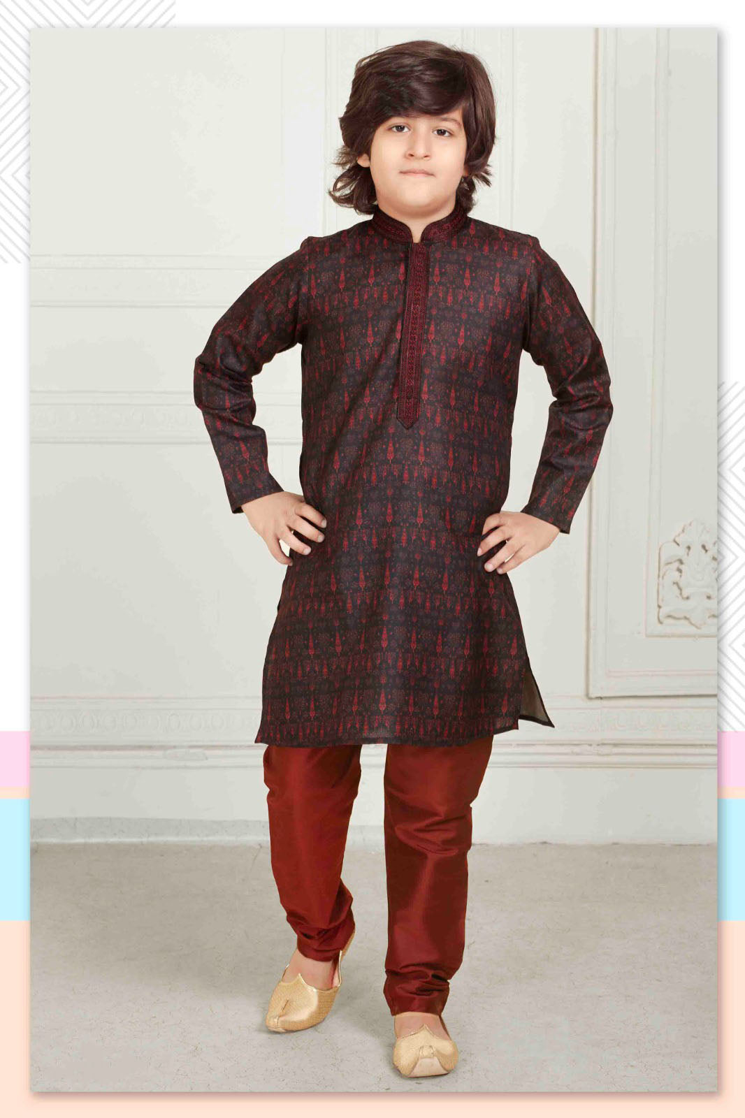 Beautiful Maroon Colored Poly Cotton Kurta With Pajama Set For Kids