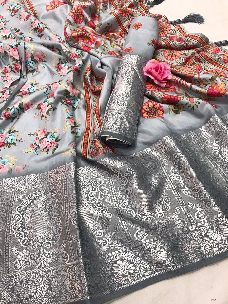 Appealing Gray Color Pure Soft Tusser Dola Silk Sarees With Weaving Border And Tassels For Women Near Me