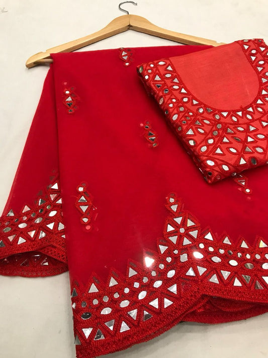 Dazzling Red Colored Heavy Mono Net Embroidery And Mirror Work Sarees For Women