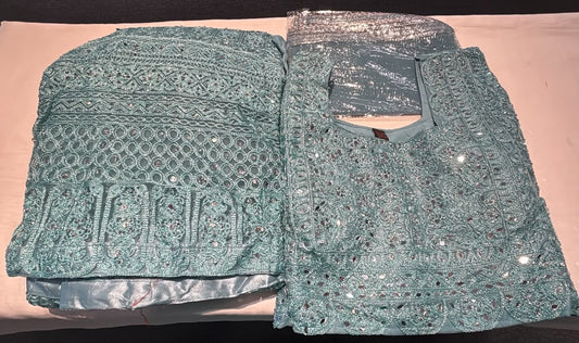 Amazing Light Blue Color Georgette With Embroidery And Mirror Work Lehenga For Women