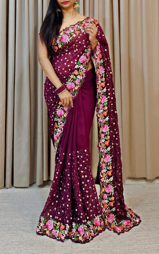 Attractive Wine Colored Designer Embroidery Thread Work And Sequins Work Saree For Women