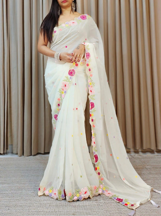 Elegant White Colored Faux Georgette With Designer Embroidery work Saree For Women