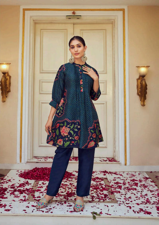 Attractive Dark Blue Colored Tusser Silk With Floral Design Kurti And Pant For Women