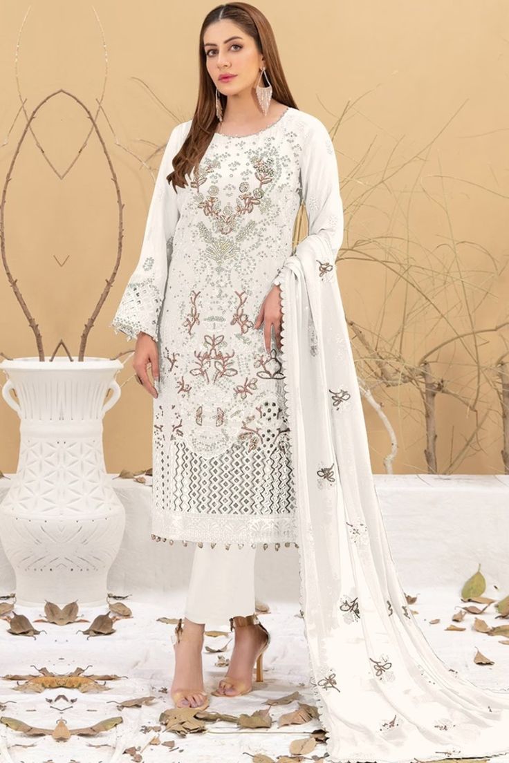 Wonderful White Color Faux Georgette With Embroidery Work Salwar Suits For Women