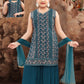 Attractive Teal Blue Color Georgette Embroidery Kurti Palazzo Pant With Dupatta Set