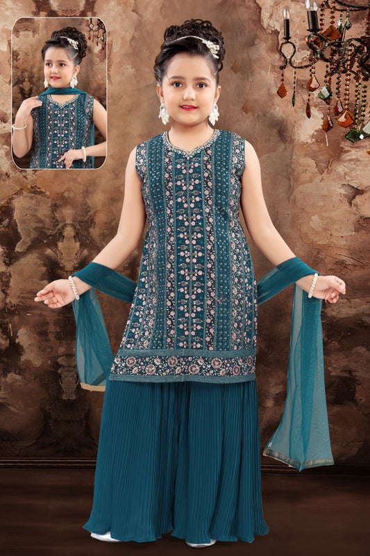 Attractive Teal Blue Color Cotton Embroidery Kurti Palazzo Pant With Dupatta Set