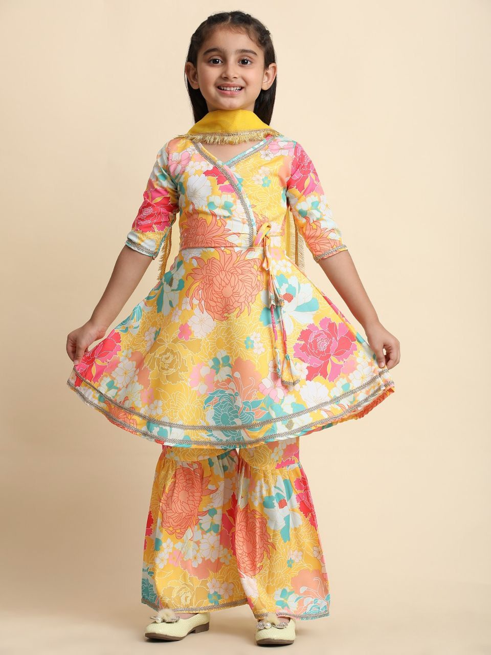 Charming Multi Colored Rayon Lace Border Work Sharara Suits For Girls