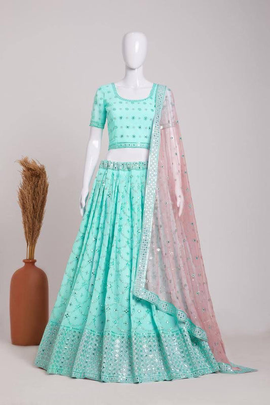 Attractive Sky Blue Color Georgette Embroidery And Sequins Work Lehenga Choli With Dupatta Sets