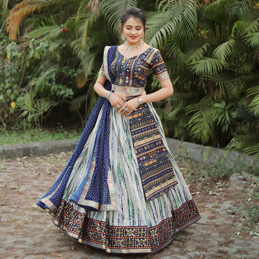 Charming Blue Colored Slub Cotton Heavy Shibori Digital Print Work Chaniya Lehenga Choli With Dupatta