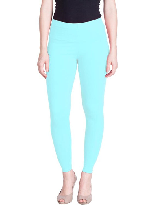 Alluring Stretchable Cotton Fabric Cyan Blue Leggings For Women