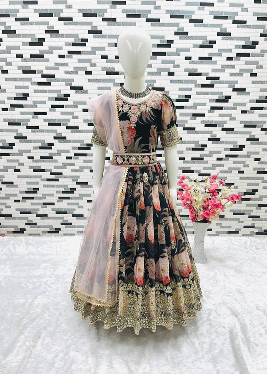 Dazzling Black Colored Digital Print Embroidered Sequins Work Fox Georgette Gown For Girls