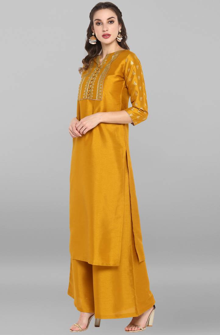 Attractive Women's Mustard Poly Silk Floral Print Kurta with Palazzo and Dupatta In USA
