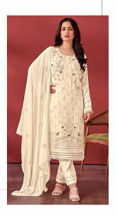 Pretty Offwhite Colored Faux Georgette With Embroidery Work Salwar Suits For Women