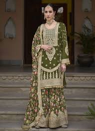 Beautiful Mehendi Green Color Palazzo Suits With  Embroidery Sequins Work Salwar Suits For Women